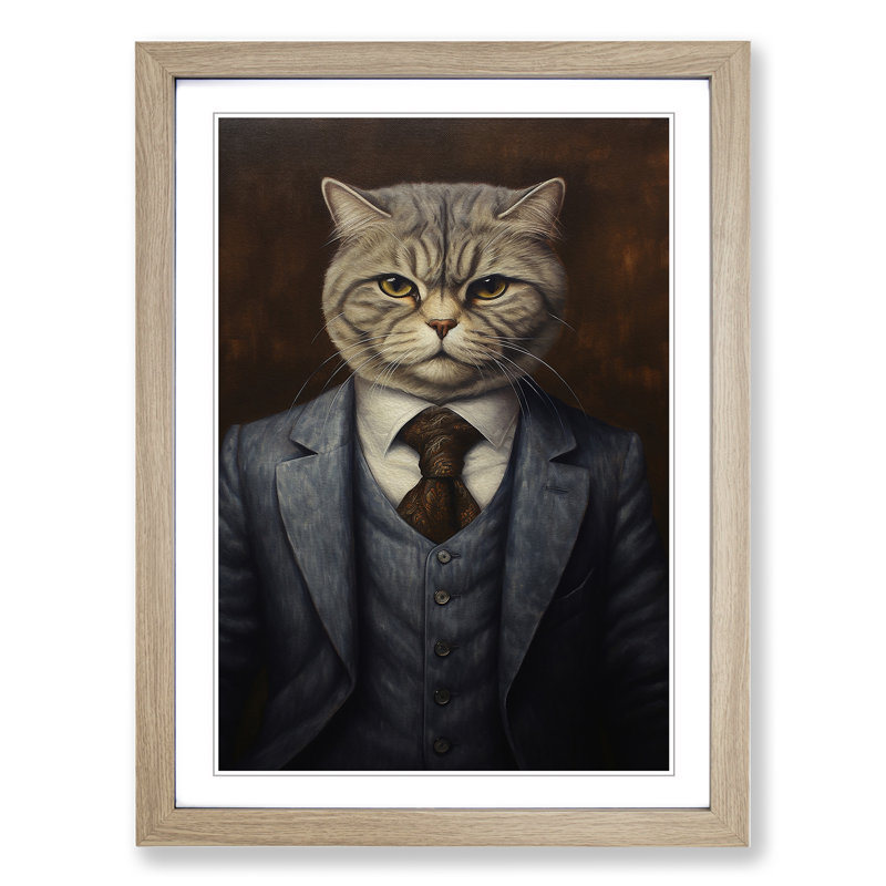 Cat In A Suit Painting No.2 - Single Picture Frame Print on Wood, 64cm H x 46cm W x 2cm D, Oak Framed