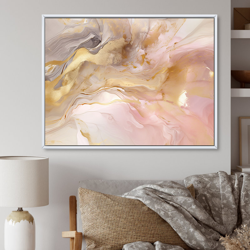 Exquis symphonie abstraite rose et pastel doré I - art abstrait de peinture murale pour le salon, Cadre flottant blanc