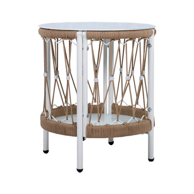 Bohemian 17.79" Patio Side Table With Glass Top And Handwoven Rope For Keeping Drinks Decorative Pieces Inspired Outdoor Spaces Accents Steel Base