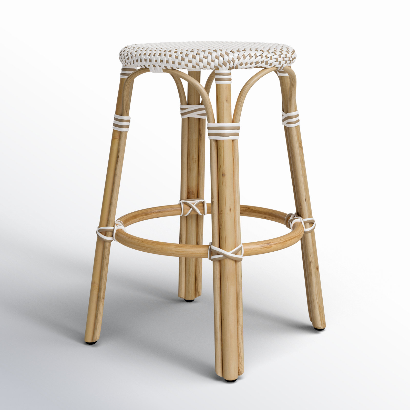 Alastair Bar & Counter Stool, Counter Stool (24" Seat Height), White/Tan Dot/Natural Rattan Frame