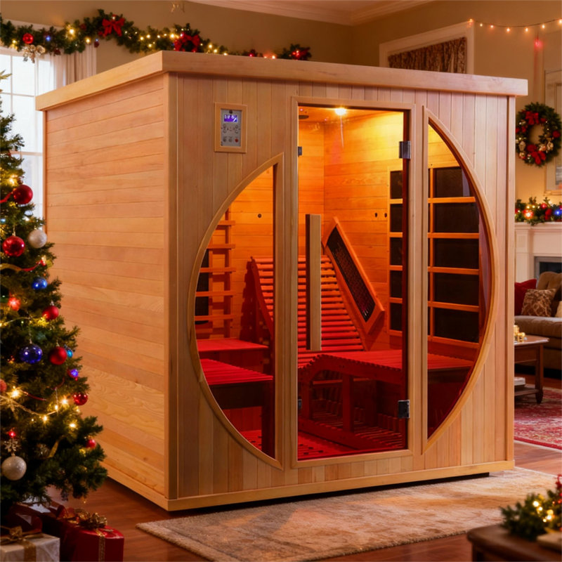 Sansheng® 2 Person Traditional Indoor Far Infrared Red Cedar Sauna With Recliner And Tempered Glass Door