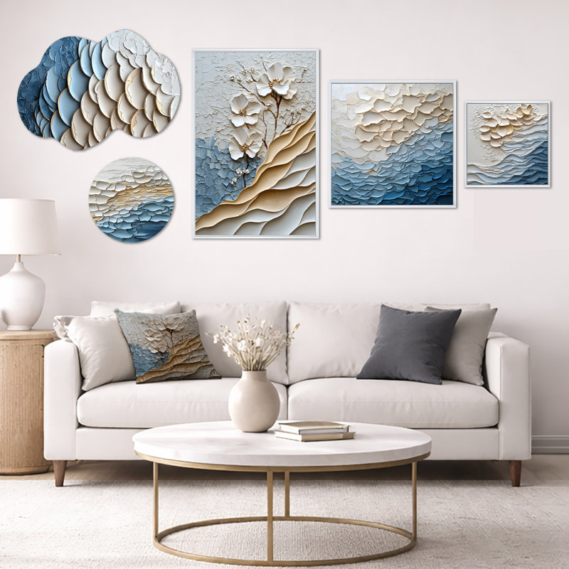 Ensemble de 5 pièces d'art mural, toile et métal surdimensionné blanc et bleu Coastal Mosaic II (100 po x 40 po)
