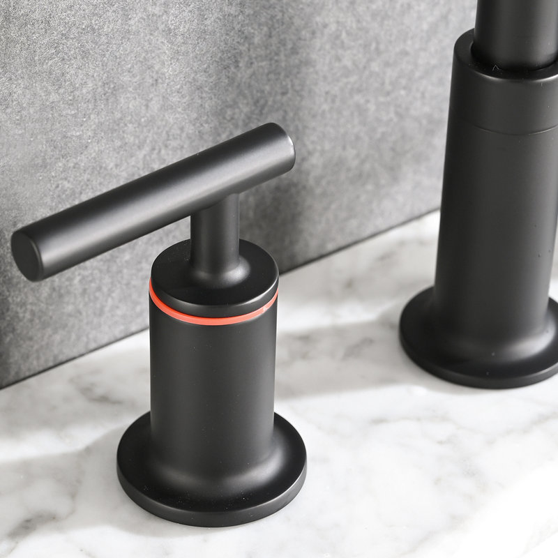 8" Widespread Double Handle Bathroom Faucet In Matte Black With Pop Up Drain - Solid Brass Construction, 360 Swivel, Drip- Ceramic Disc Valves, Flow Spout, 1.5 Gpm, Easy Installation, Rust And