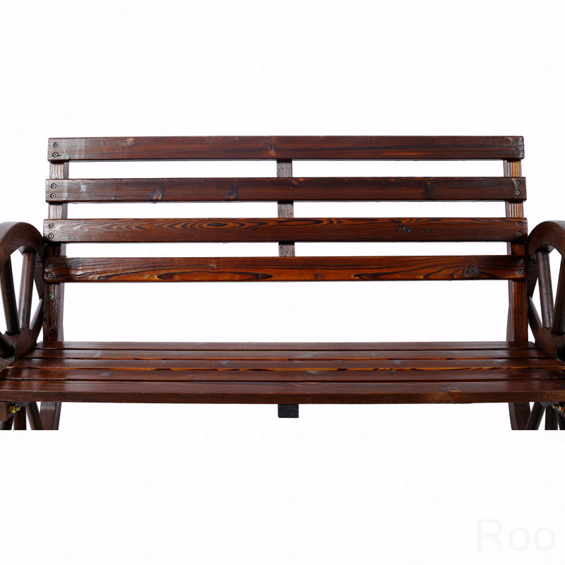 Outdoor Patio Lounge Furniture, Wooden Wagon Wheel Bench For Backyard, Porch, Garden, Rustic Country Design, Slatted Seat And Backrest