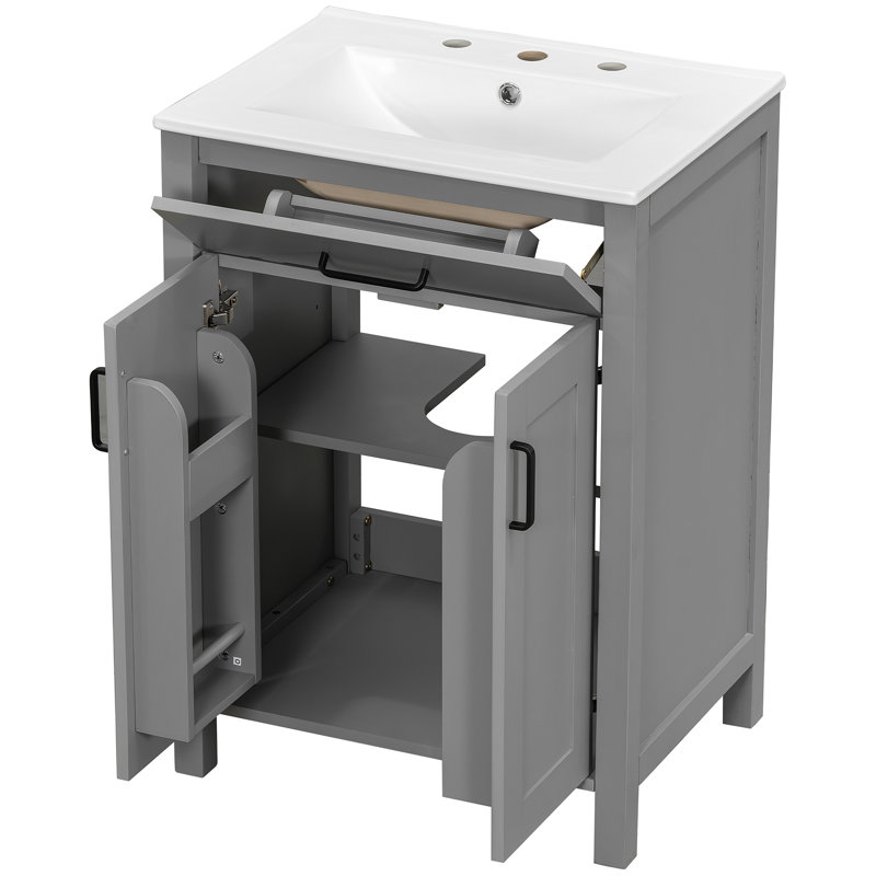Meuble-lavabo moderne de 48 pouces avec lavabo en céramique, portes à fermeture en douceur, tiroir rabattable, tablettes de porte à double couche, solution de rangement élégante