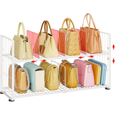 2 Tier Handbag Wire Organizer Rack With 6 Adjustable Shelf Dividers