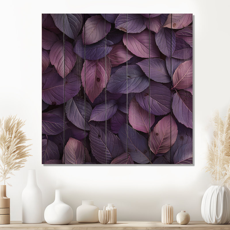 Plum Leaves Evening Collage I - Art mural en bois de feuilles - sur bois de pin naturel, H 15 po x l 15 po x P 0,78 po