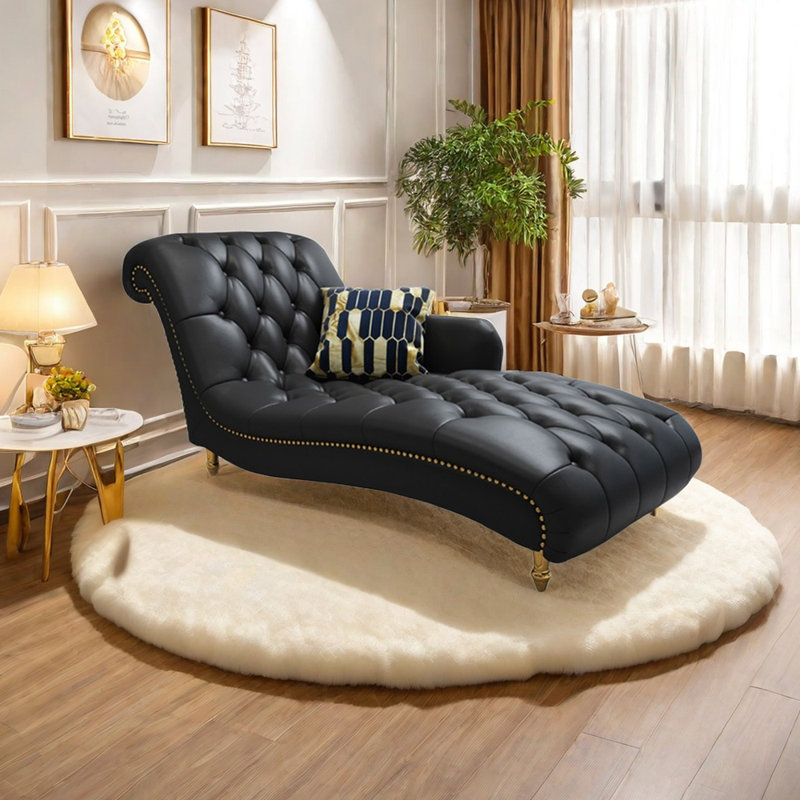 Chaise longue rembourrée Alexcia, Similicuir noir, Chaise longue à accoudoir gauche