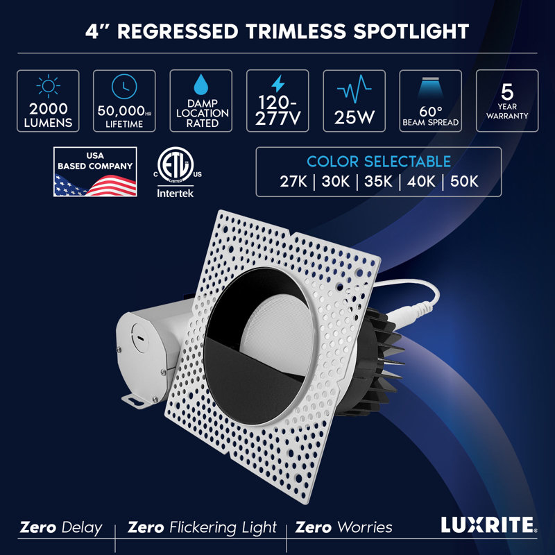Projecteur encastré sans cadre à DEL de 4 pouces avec remplacement de garniture murale noire 25W, 2000LM, 5CCT, à intensité variable, CRI90, ETL, blanc + noir LUXRITE