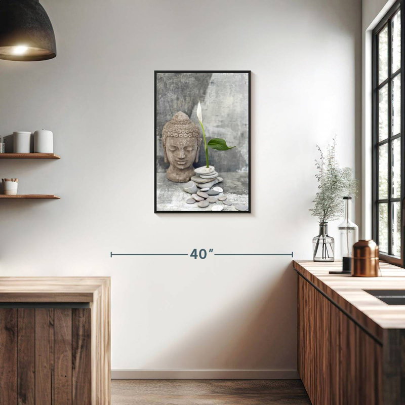 Tête de bouddha zen, Cadre flottant noir, 21 po x 31 po
