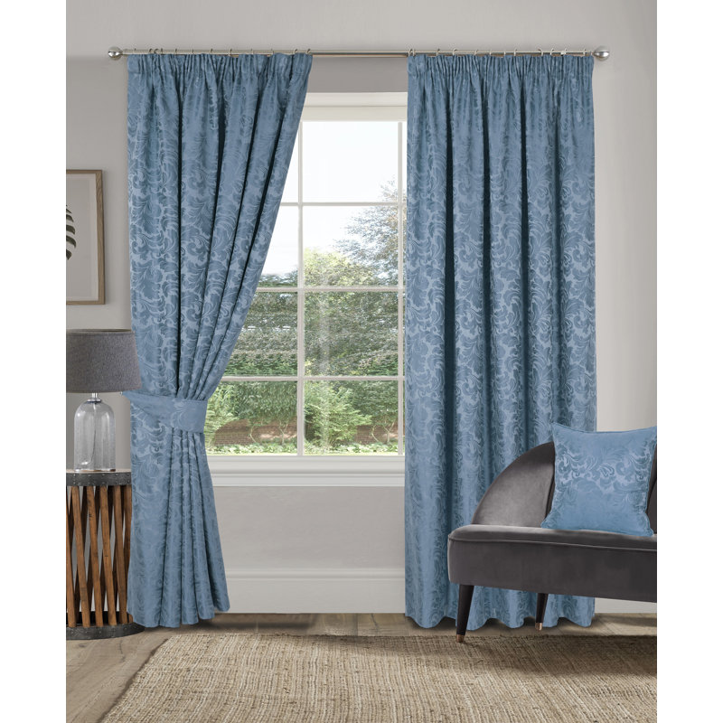 Hallas Pencil Pleat Damask Jacquard Curtains, Duck Egg, 114 W x 137 D cm