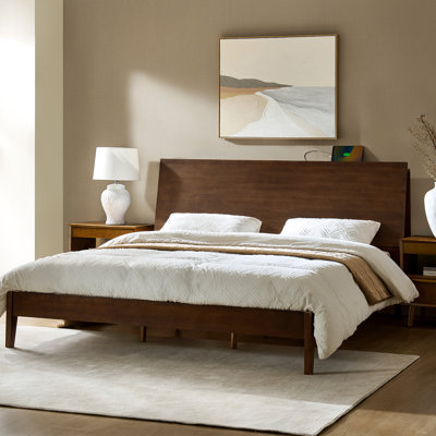 Brynsley Mid-Century Modern Platform Bed  Solid Wood Legs with 103° Inclined Storage Headboard and Charging Station