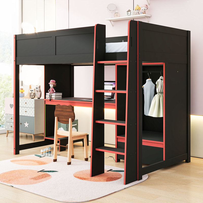 Lit mezzanine multifonctionnel avec bureau, garde-robe, tiroir et éclairage DEL, Simple