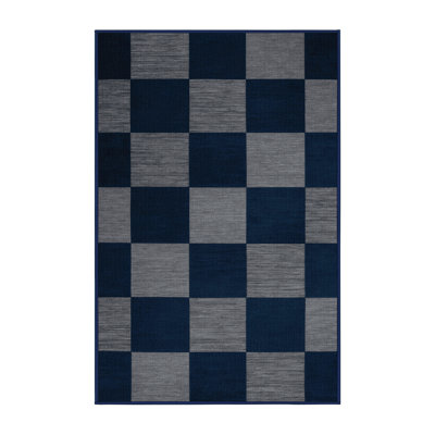 Machine Washable Checkered Blue Area Rug