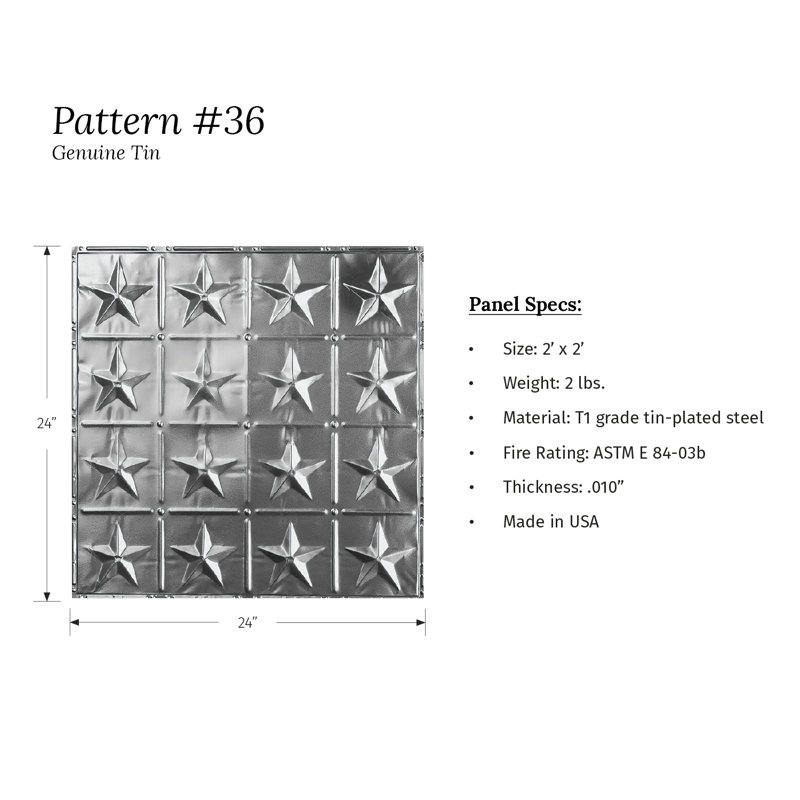 Brushed Satin Nickel Americana Star Metal Ceiling Tiles, 24" x 24"