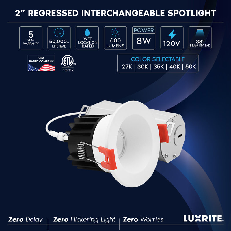 Luxrite 2 po Lumière DEL sans lumière à DEL régressée avec garniture ronde blanche interchangeable, 5CCT, CRI90, 8W, 600LM, faisceau 38 °, à intensité variable, 120V, homologué ETL
