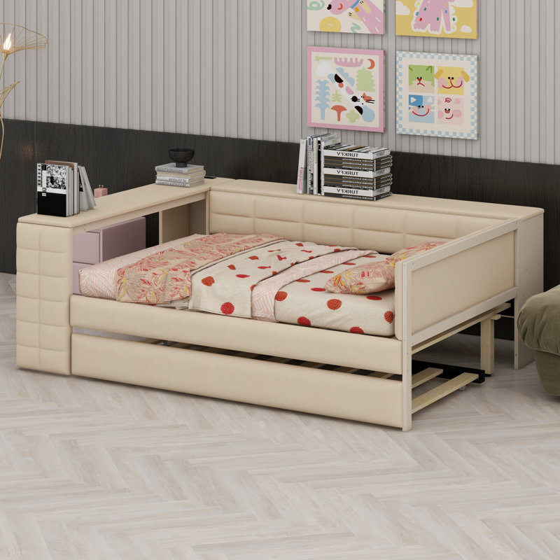 Lit plateforme tapissier avec tablettes de rangement, bureau, station de charge et lit gigogne, Beige