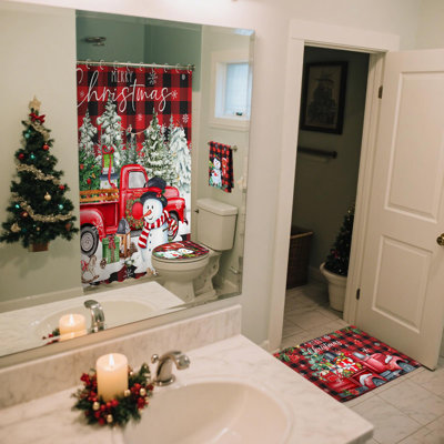 8 Pcs Christmas Shower Curtain Set - Xmas Bathroom Decor With Santa, Christmas Tree & Snowman, Includes Waterproof Curtain, Hand Towels, Toilet Lid Cover, Bath Rugs + Hooks