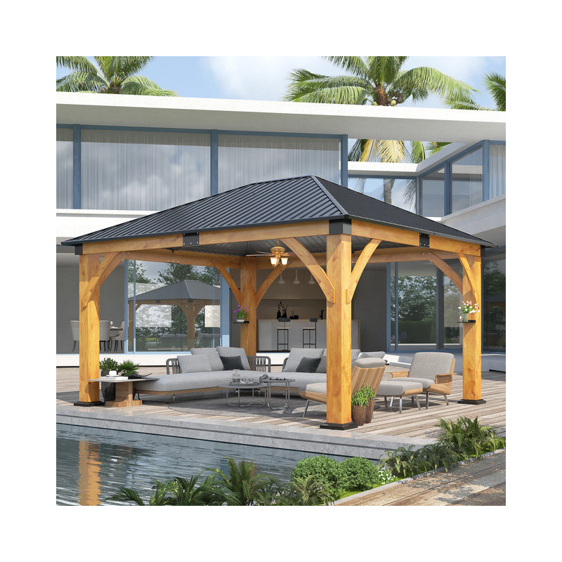 15 FT. W x 13 FT. D Outdoor Spruce Wood Gazebo with Galvanized Steel Hardtop, 9.35 FT. H x 15 FT. W x 13 FT. D