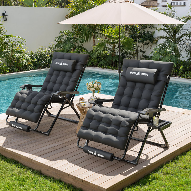 XXL Folding Zero Gravity Chair Patio Reclining Lounge Chair with Thick Cushions（Set of 2）, Black
