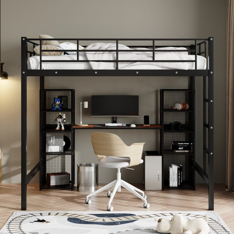 Lit mezzanine double en métal avec bureau intégré et tablettes, Noir / brun