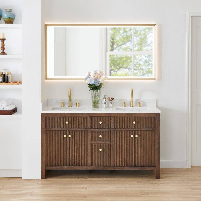 Meuble-lavabo double 60 po avec miroir Lala, Chêne brun brossé