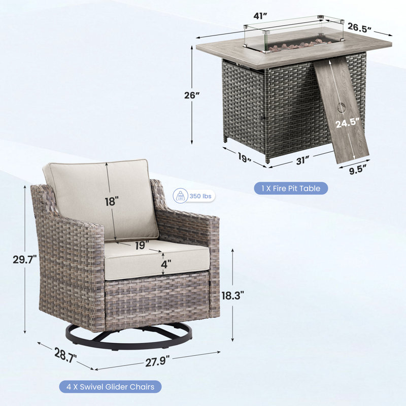 Ensemble de mobilier de patio avec table de foyer, ensemble de conversation d'extérieur toutes saisons 5 pièces avec chaises berçantes pivotantes pour la cour, la terrasse