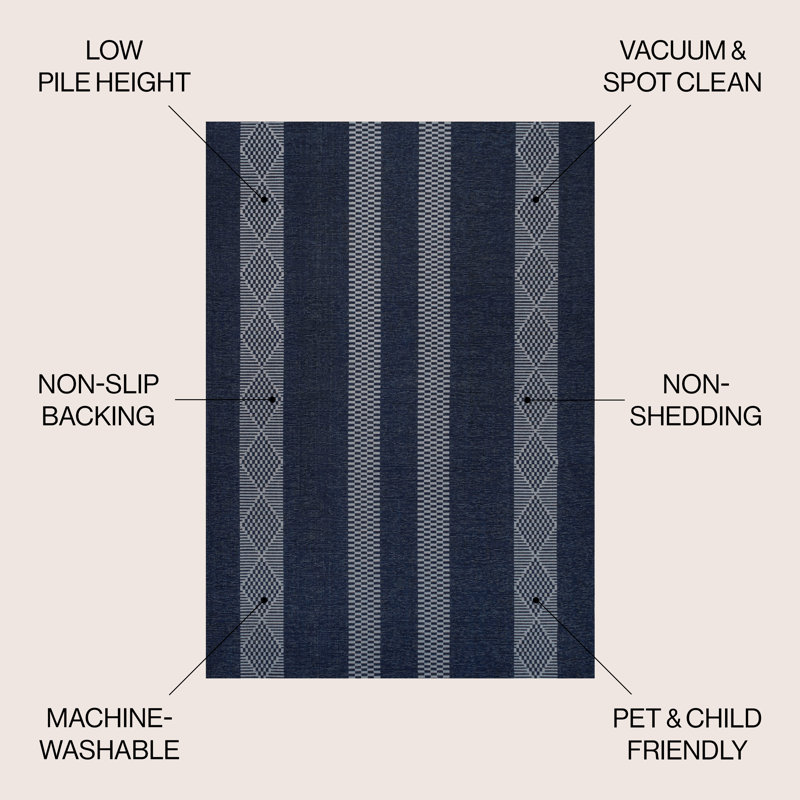 Braylyn Trellis Stripe Machine-Washable Navy/Gray Rug, Rectangle 2'11" x 5'