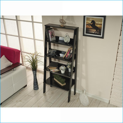 Bookshelf, 5-Tier Modern Minimalist Wood Frame | 24"W x 55"H x 13"D Space-Saving | Black | Wood Frame