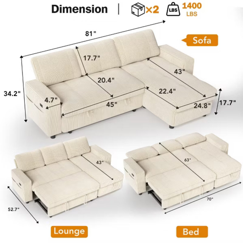 Canapé d'angle convertible 3 en 1 en forme de L de 206 cm (81 po), dossier réglable sur 5 niveaux, ports de chargement USB et Type-C, méridienne de rangement réversible, assemblage sans outil