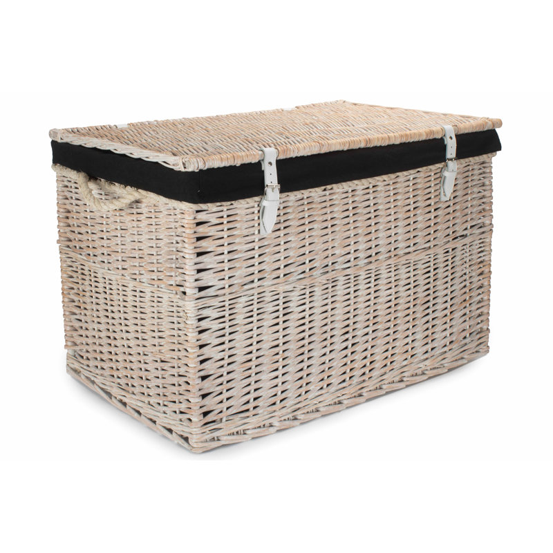 Fleur De Lis Wicker Storage Hamper Basket with Lining, White Wash/Black