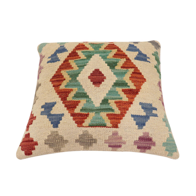 Oreiller rustique en kilim tissé à la main Caballer - 17 po x 18 po Rustic, H 17 po x l 18 po, Beige / rouille / bleu / gris