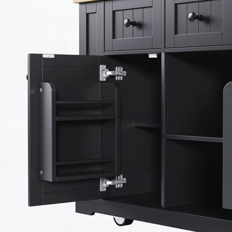 53Inch Large Kitchen Island With 2 Bar Stools, Power Outlet,Door Internal Storage Rack, Kitchen Storage Cart On 5 Wheels With Drop Leaf, 5 Open Side Racks, 3 Drawers