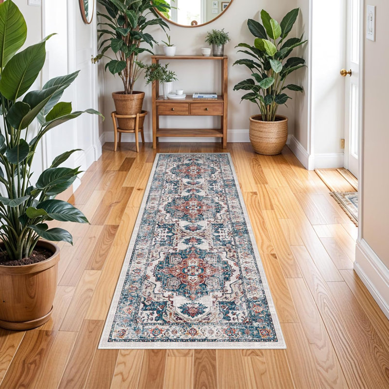 Wide Hallway Rug: Vintage Washable Soft for Living Room Bedroom Water Resistant Carpet with Non-Slip Backing for Entry Kitchen Dining Room Thin Bathroom Floor Mat(Brick)