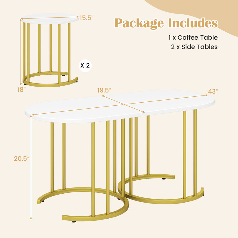 Ensemble de 3 tables basses gigognes avec plateau de table et bureau thermolaqué, Blanc