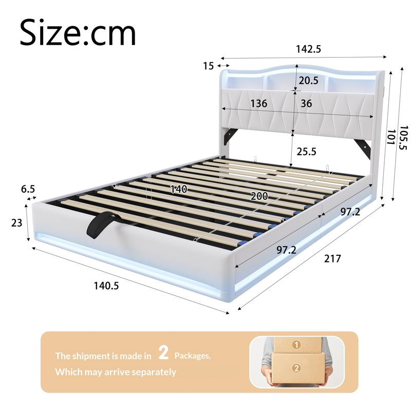 Lift Up Storage Bed Frame, European Double (140 x 200 cm), Beige