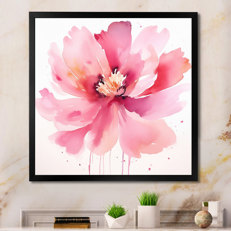 Délicate fleur d'hibiscus rose sur fond d'aquarelle sur toile, H 36 po x l 36 po x P 1,5 po, Cadre simple noir