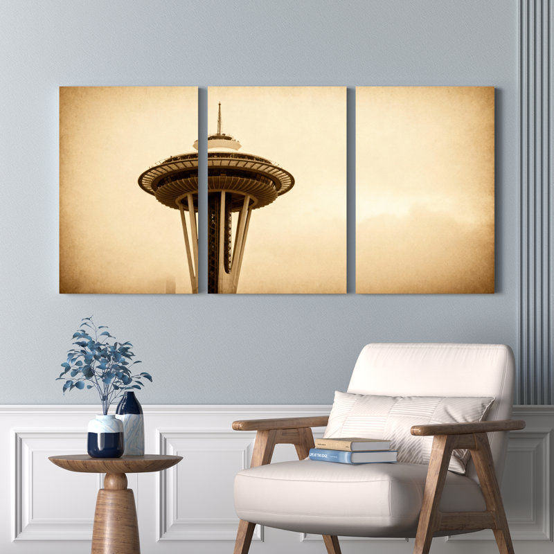 «Space Needle», horizon de Seattle, sépia, impression sur toile tendue sur toile, ensemble de 3, H 18 po x l 36 po
