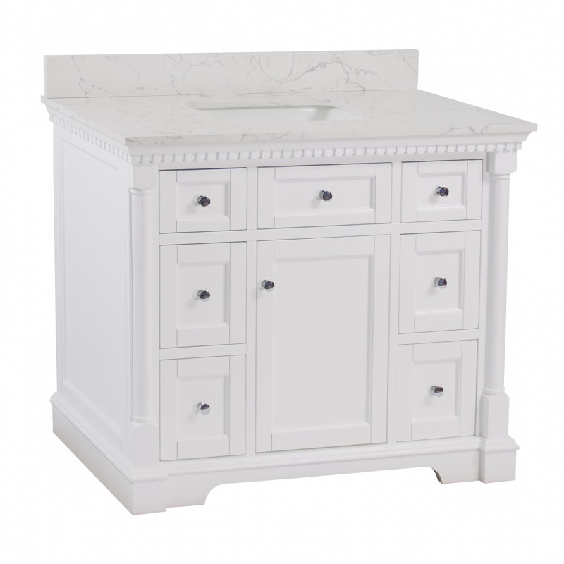 Ensemble de meuble-lavabo simple 42 po avec armoire blanche et comptoir en marbre, Blanc, Marbre d'ingénierie