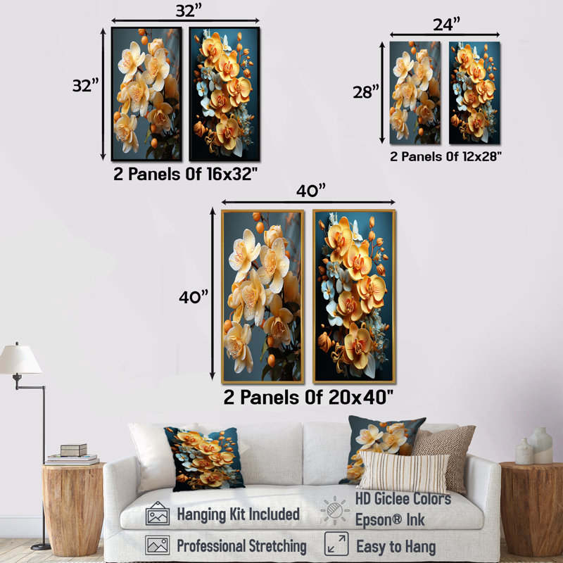 Golden Opulence - ensemble d'orchidées murales, ensemble de 2, Toile tendue, H 40 po x l 41 po