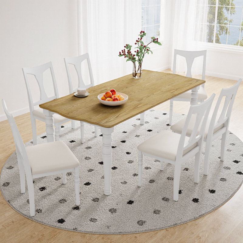 Ensemble de maison de campagne extensible 7 pièces 60 à 78 po - Feuille amovible de 18 po, plateau en placage de chêne, 6 chaises rembourrées beiges, table de 350 lb / sièges de 250 lb