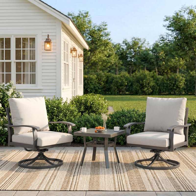 Ensemble de 3 chaises bistro d'extérieur pivotantes avec table basse et table basse, Beige