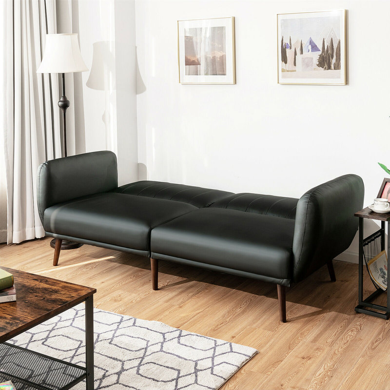 Caiya 81'' Faux Leather Convertible Sofa, Black Faux Leather