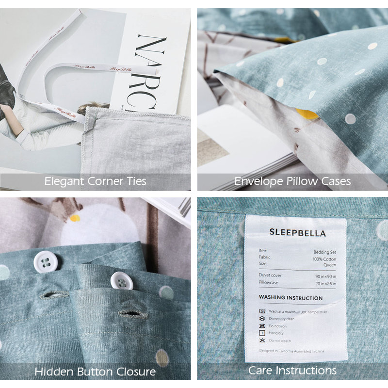 SLEEPBELLA Duvet Cover King, 600 Thread Count Cotton Grey Branch With Yellow Turquoise Polka Dot Pattern Green Reversible Comforter Cover
