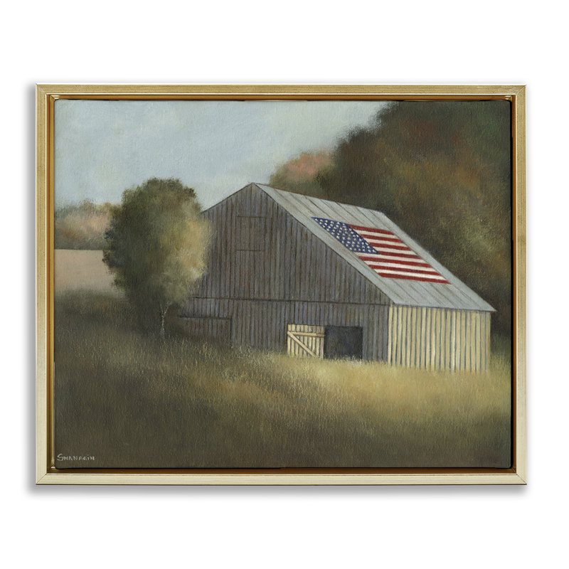 "Peaceful Americana Barn", art par David Swanagin, H 17 po x l 21 po, Cadre flottant métallique doré