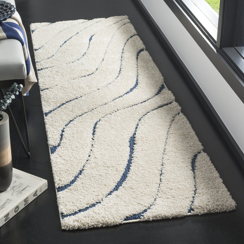 Tapis crème à motif abstrait Ashal, Cream/Blue, Tapis de couloir 2 pi 3 po x 7 pi