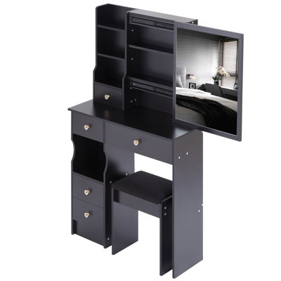 Petit meuble-lavabo de 29,2 po avec tabouret de bureau et tabouret rembourré, très grand miroir coulissant à droite, rangement multi-couches à grande capacité, commode pratique et pratique, convient aux petits espaces