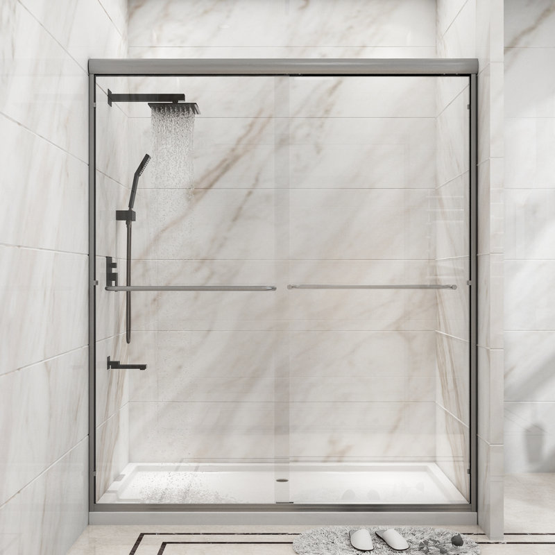 56" W - 60" W x 72" H Double Sliding Semi-Frameless Shower Door with Tempered Glass, Brushed Nickel