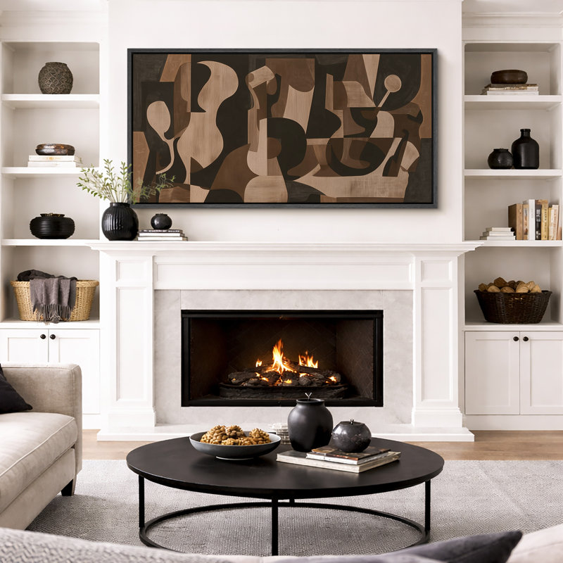 Impression sur toile encadrée moderne moderne de forme organique abstraite brune, H 30 po x l 60 po, Noir