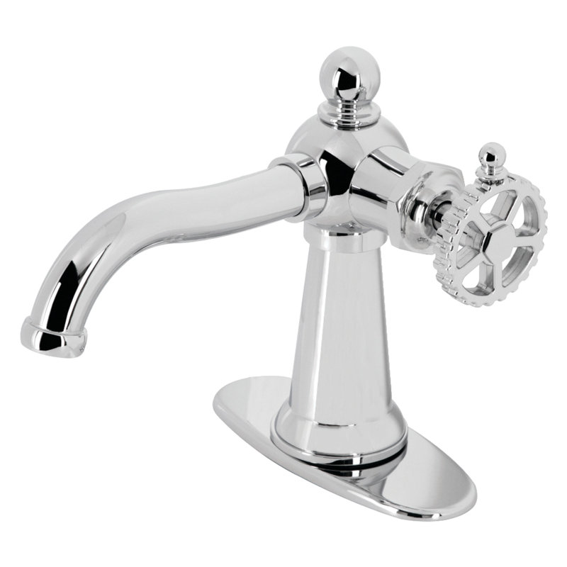 Kingston Brass Fuller Single-Handle 1-Hole Deck Mount Bathroom Faucet with Push Pop-Up and Deck Plate, Polished Chrome, Wheel